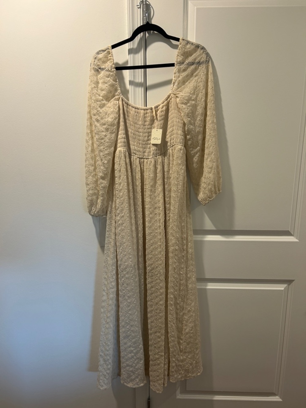Free People Cream Textured Maxi Dress with Puff Sleeves